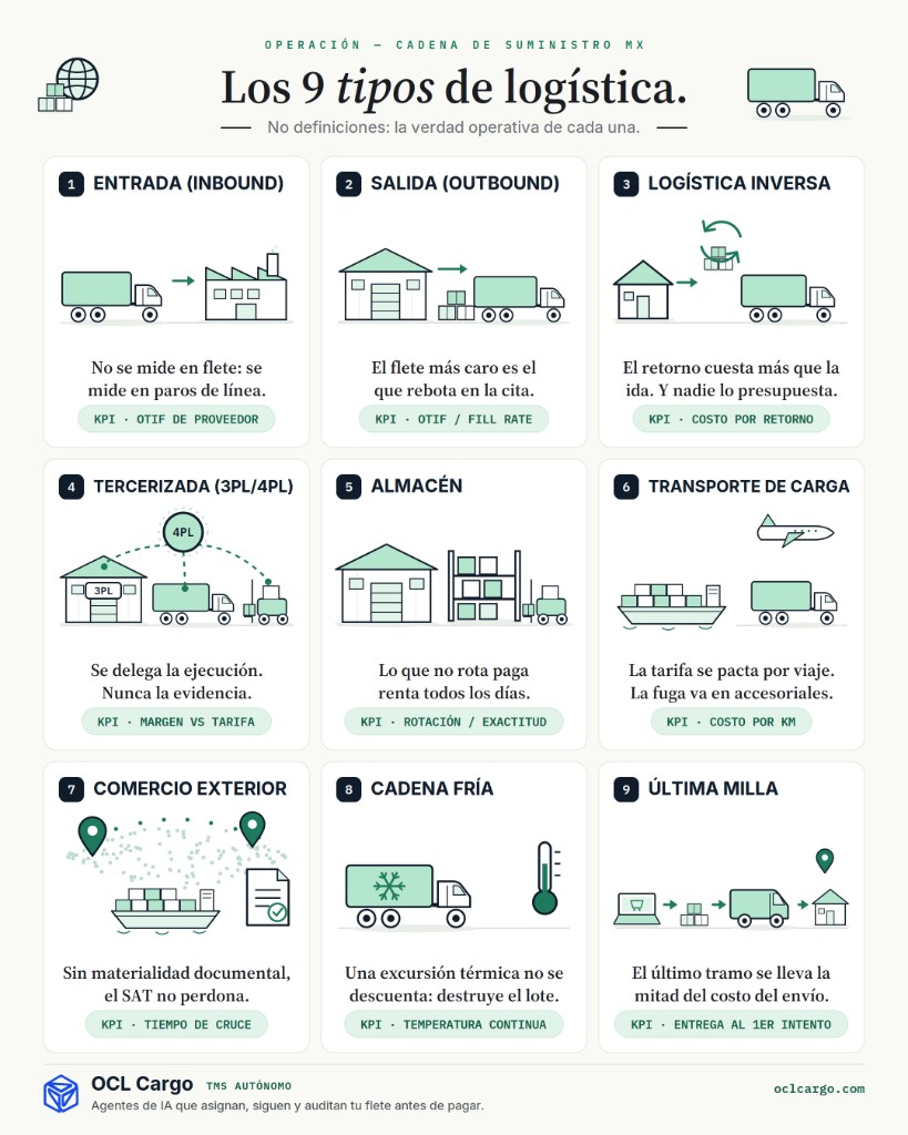 Infografía OCL: los 9 tipos de logística con verdad operativa y KPI de cada uno