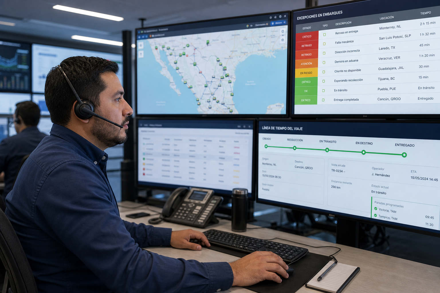 Operador latino de torre de control con headset ante monitores de mapa GPS de México y tablero de excepciones