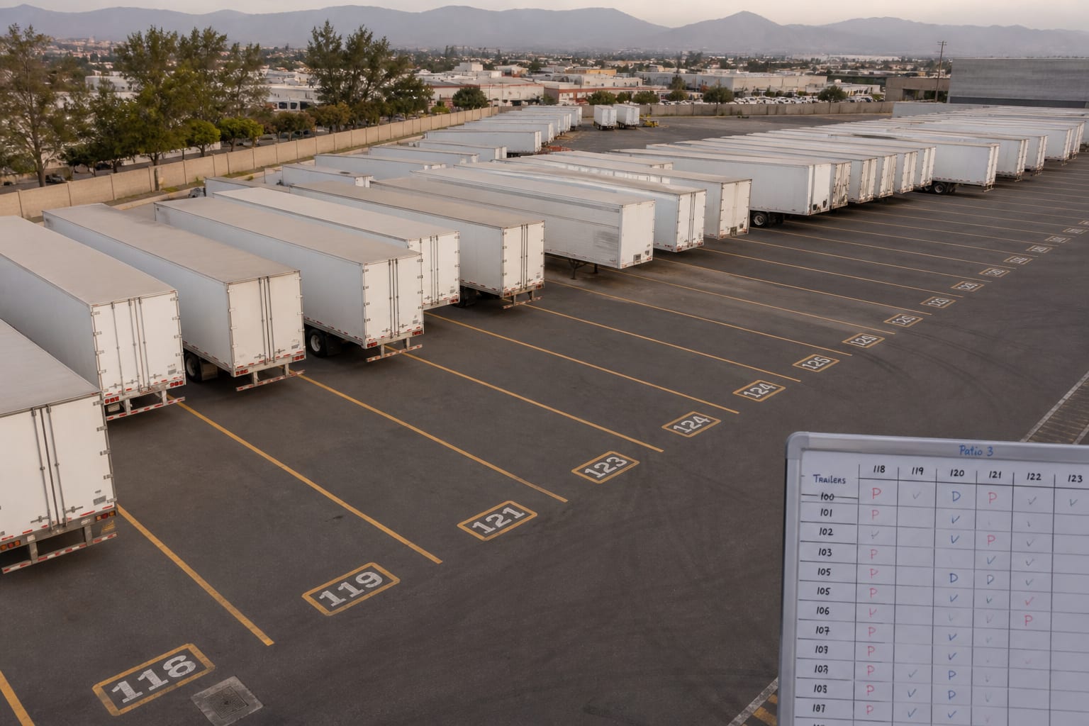 Patio de trailers con slots numerados: cupo de capacidad contractual por ruta
