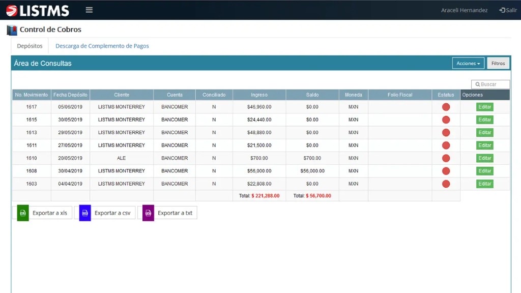 Pantalla Control de Cobros LISTMS — pestaña Depósitos con movimientos, montos MXN y exportación