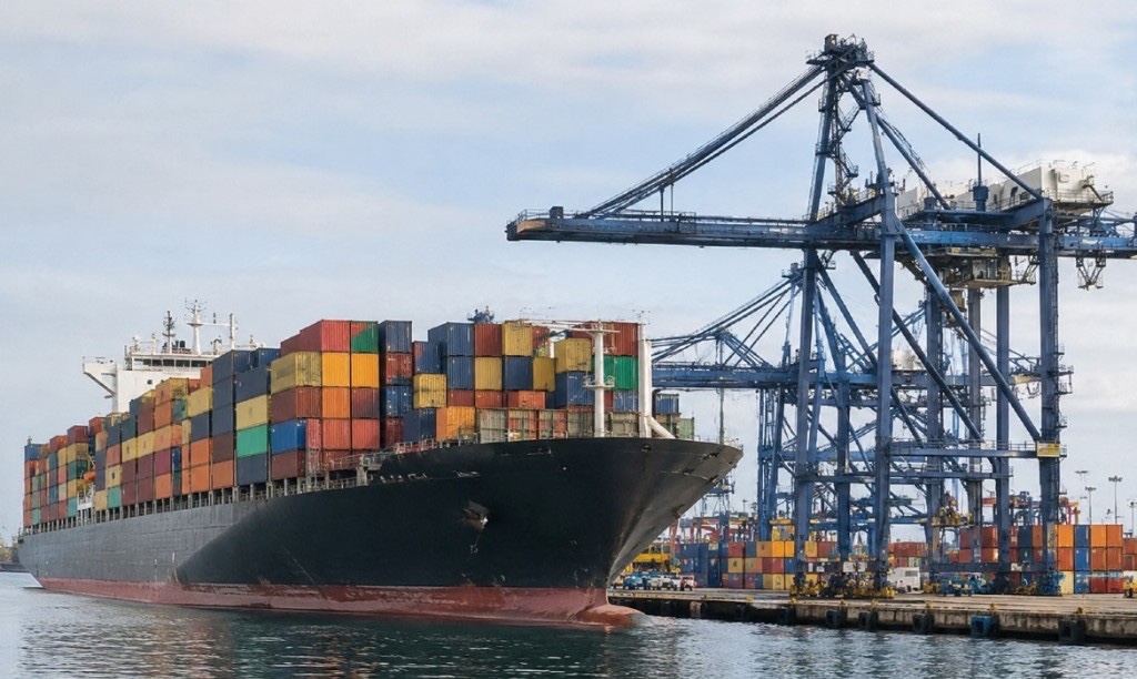 Buque portacontenedores con carga marítima de colores atracado en puerto bajo grúas pórtico azules