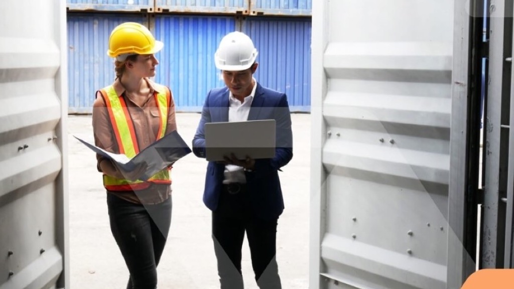 Operadores con casco inspeccionan carga en contenedor con clipboard y laptop: evidencia POD