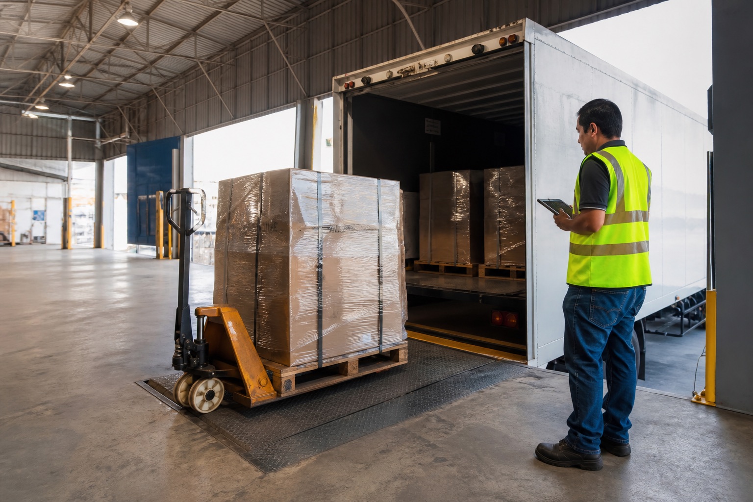 Andén de CEDIS: pallet listo y tráiler abierto en la carga de salida de la cadena logística