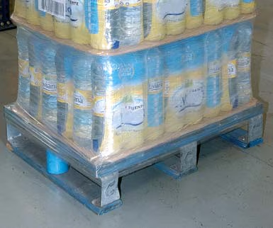 Blue pool pallet loaded with bottle packs and stretch film in a warehouse — pallet dimensions and unit load