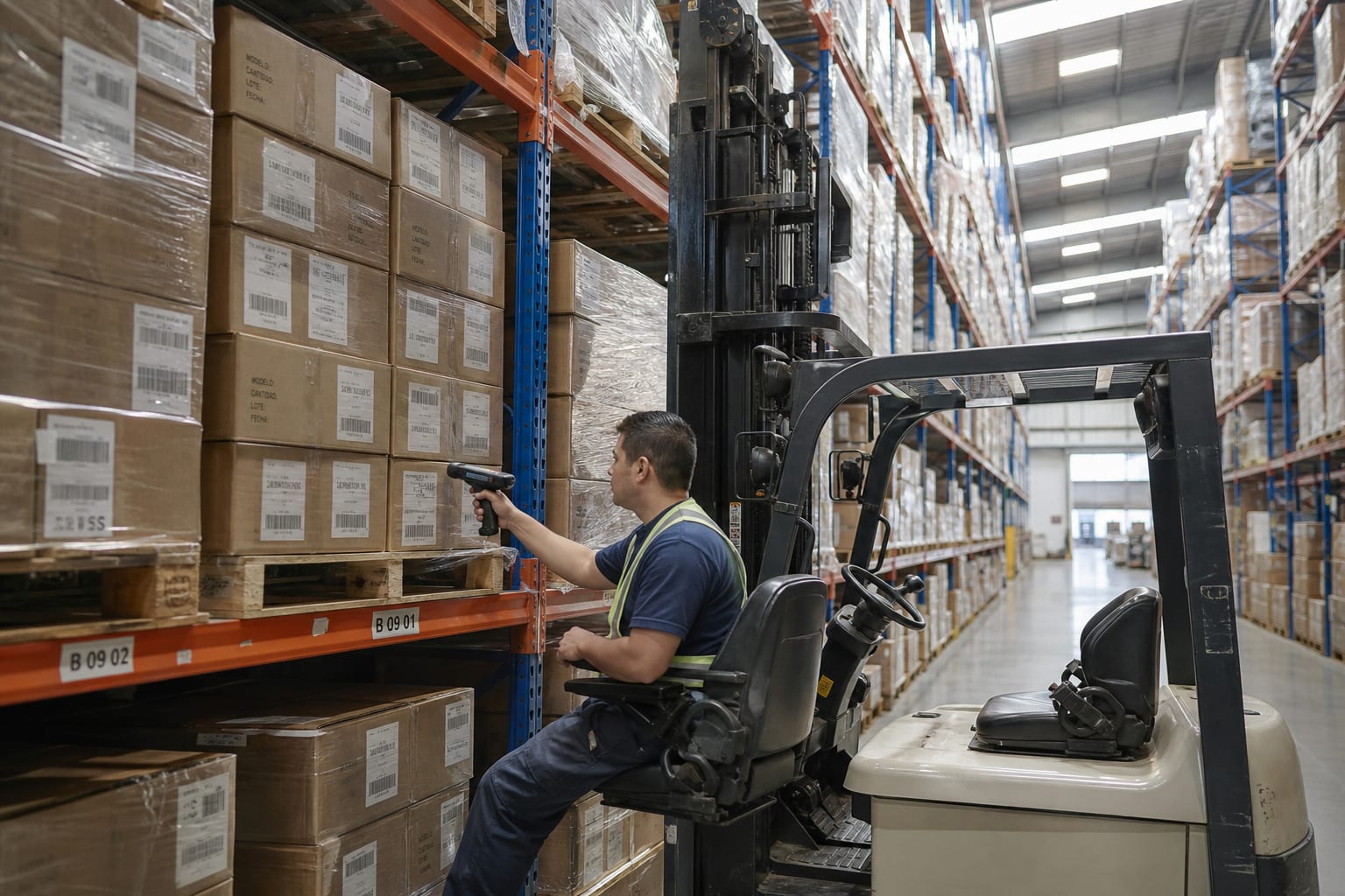Operador escaneando pallet en pasillo de racks con WMS