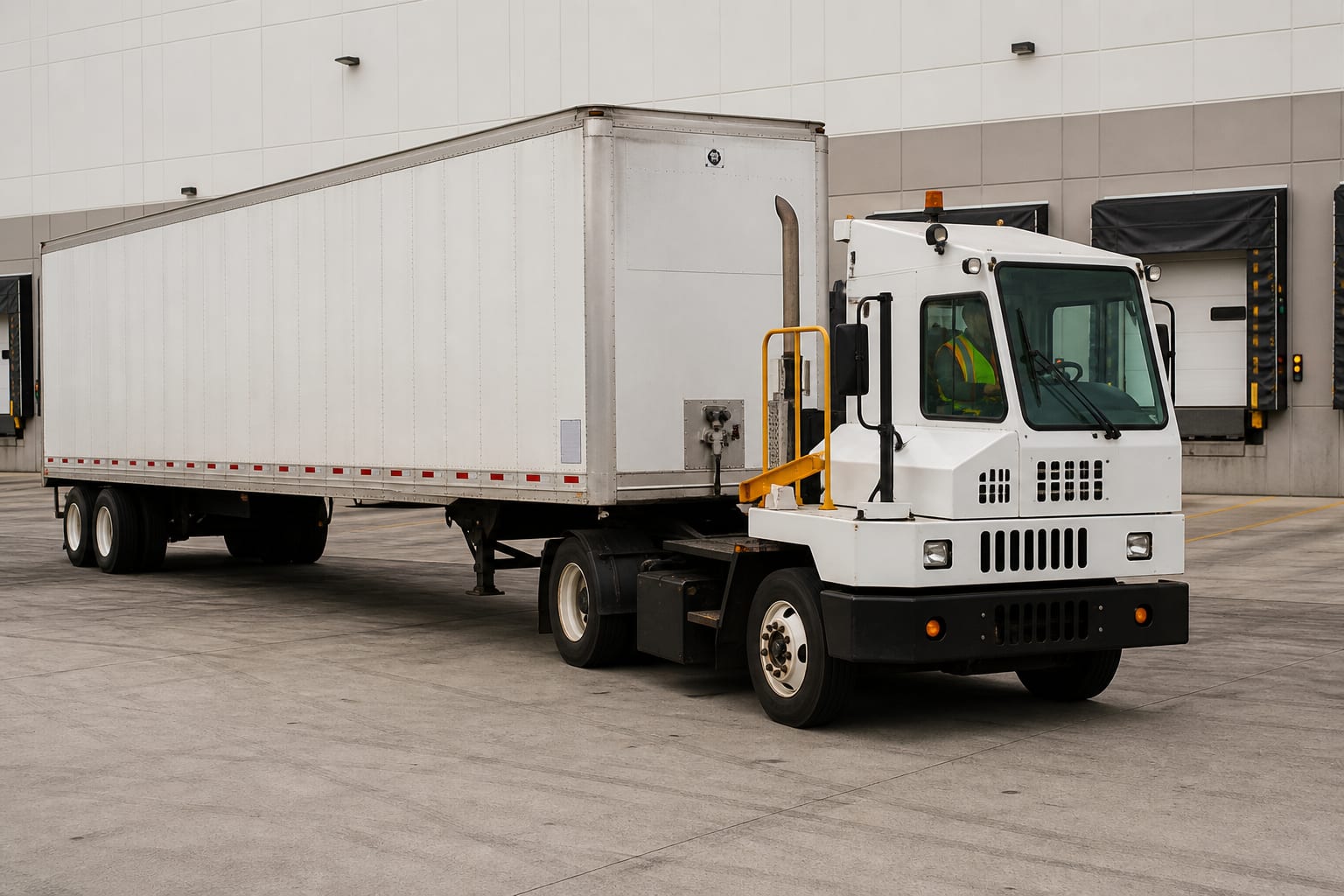 Maniobrista de yarda (terminal tractor) moviendo remolque en patio CEDIS