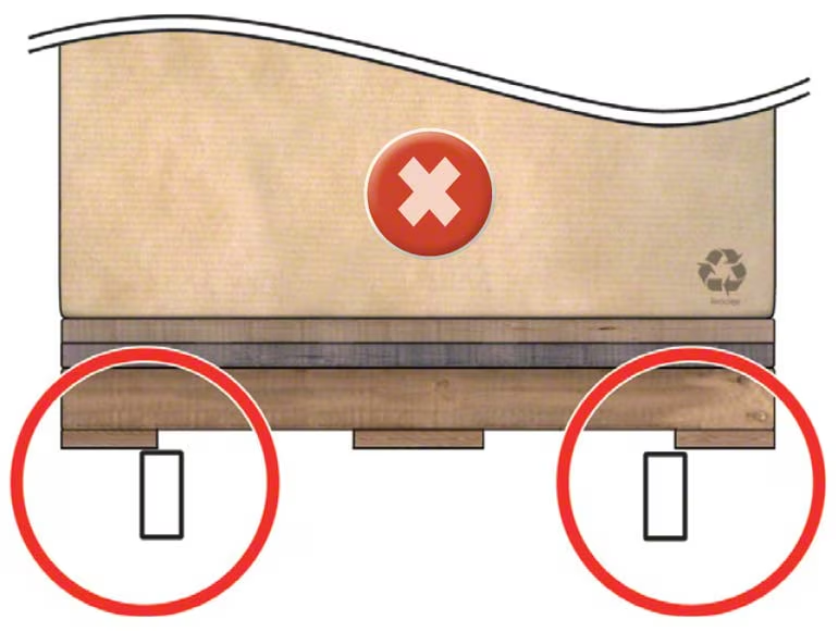 Diagrama de tarima en rack con tacos fuera de las vigas y marca de error en rojo