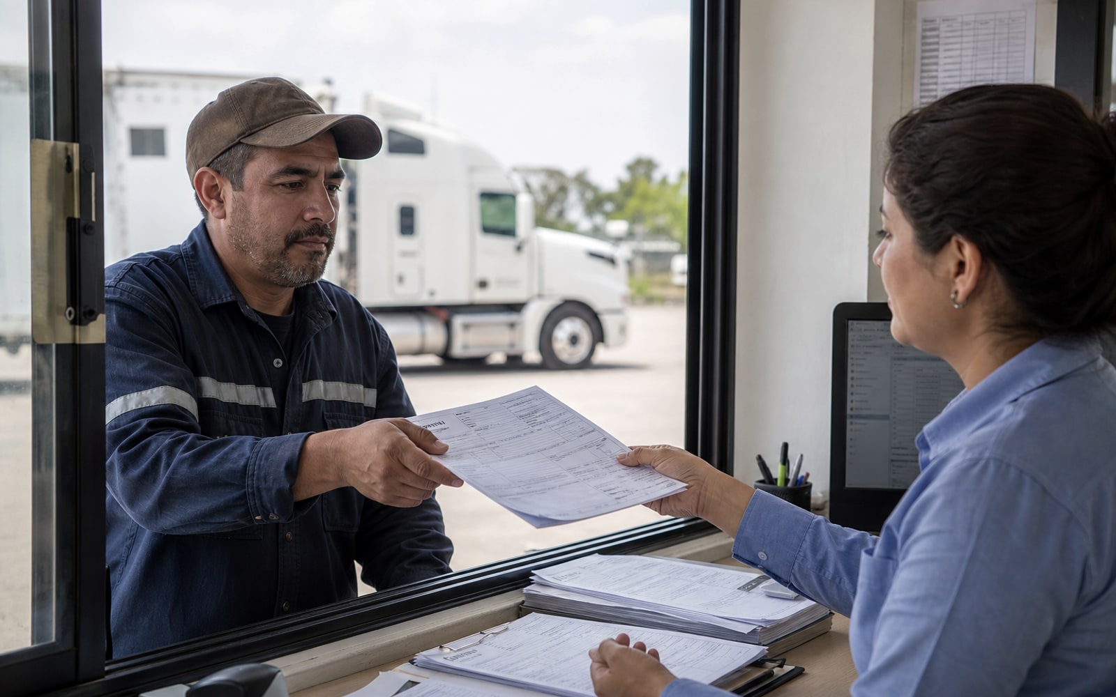 Accounts payable desk reviewing a freight file: CFDI, Carta Porte 3.1 complement, and trip evidence