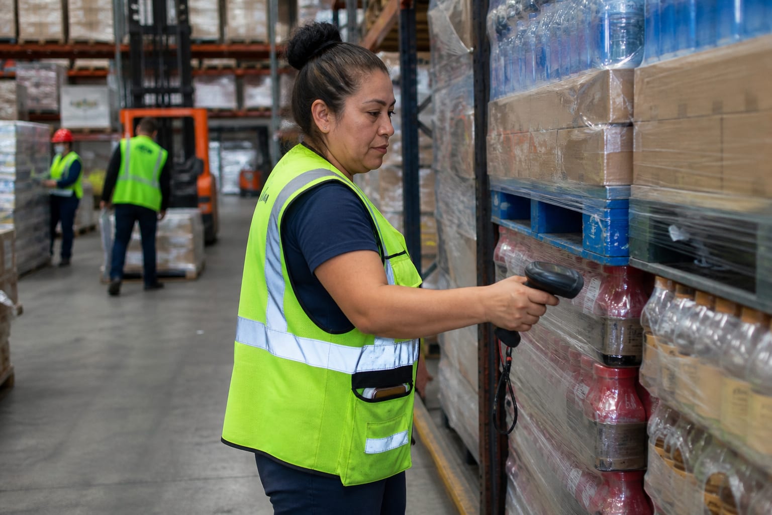 Warehouse operator scanning labels on unitized pallets in a CEDIS aisle