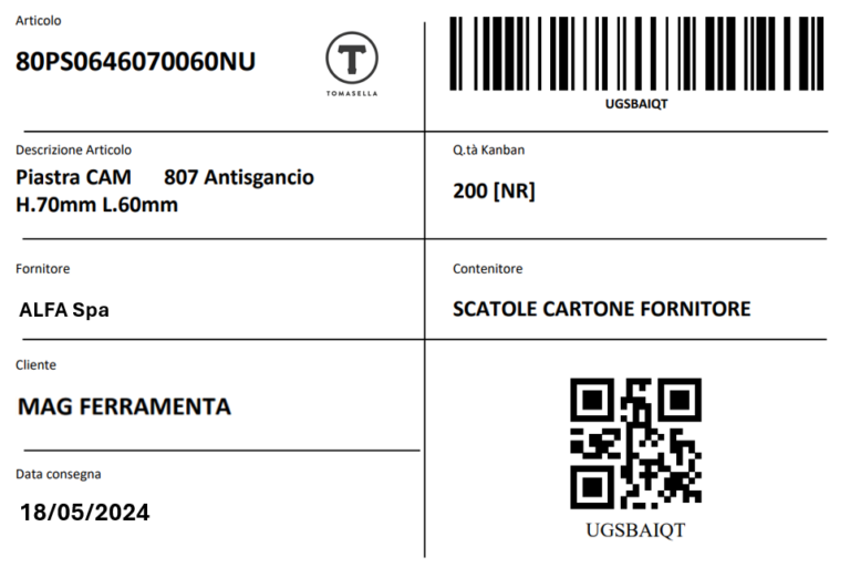 Real e-Kanban label with barcode and QR code to fire the digital replenishment signal
