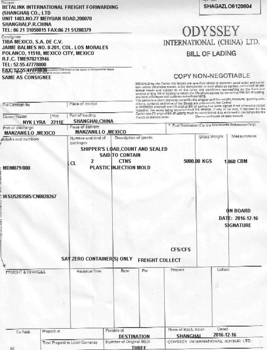 Non-negotiable Bill of Lading copy: Shanghai to Manzanillo, vessel NYK Lyra, consignee with Mexican tax ID