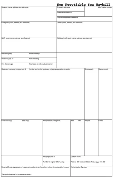 Blank Non Negotiable Sea Waybill form with consignee, vessel, ports, and cargo description fields