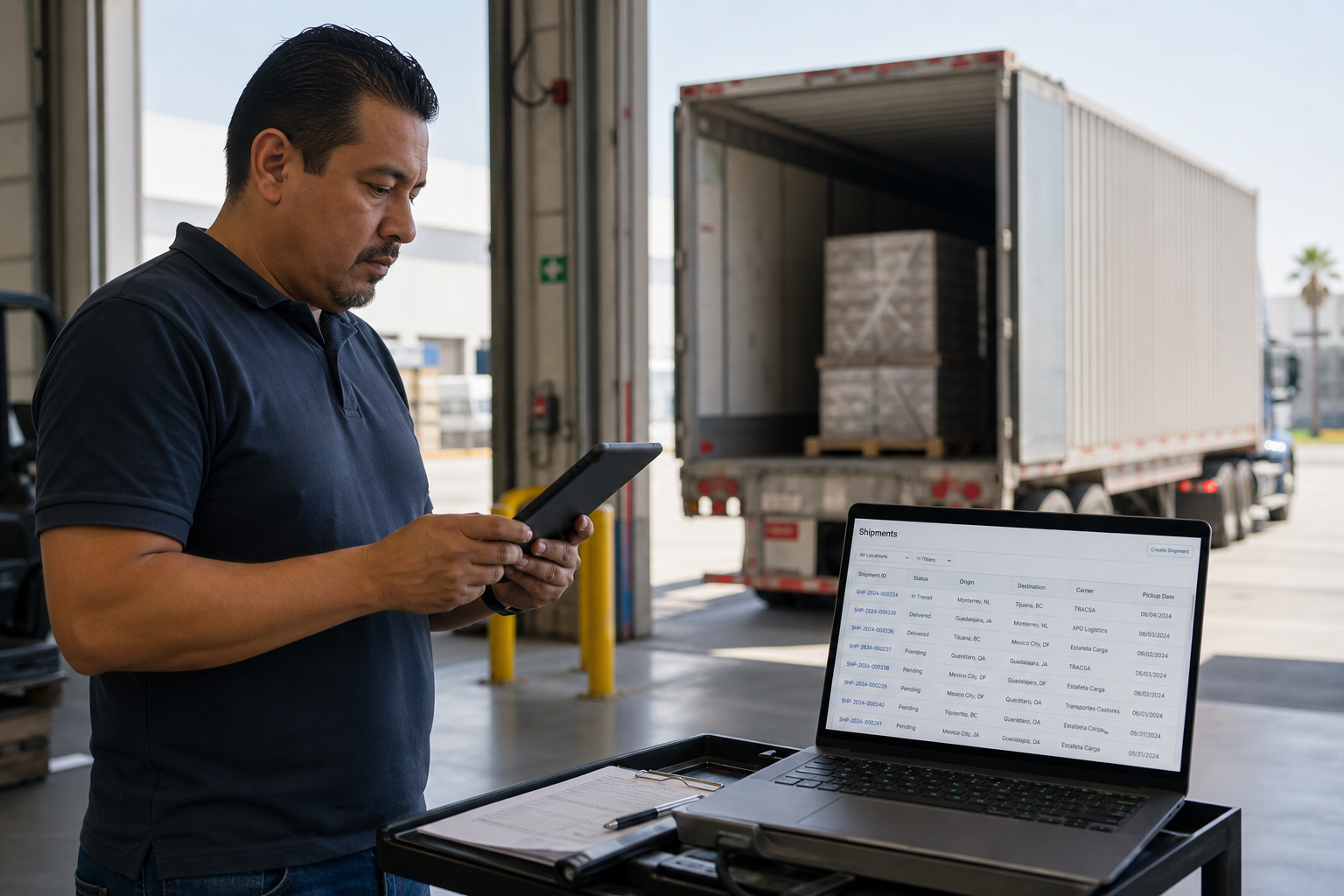 Patio de carga en México: supervisor con tablet junto a remolque — misma palabra logística, operaciones distintas