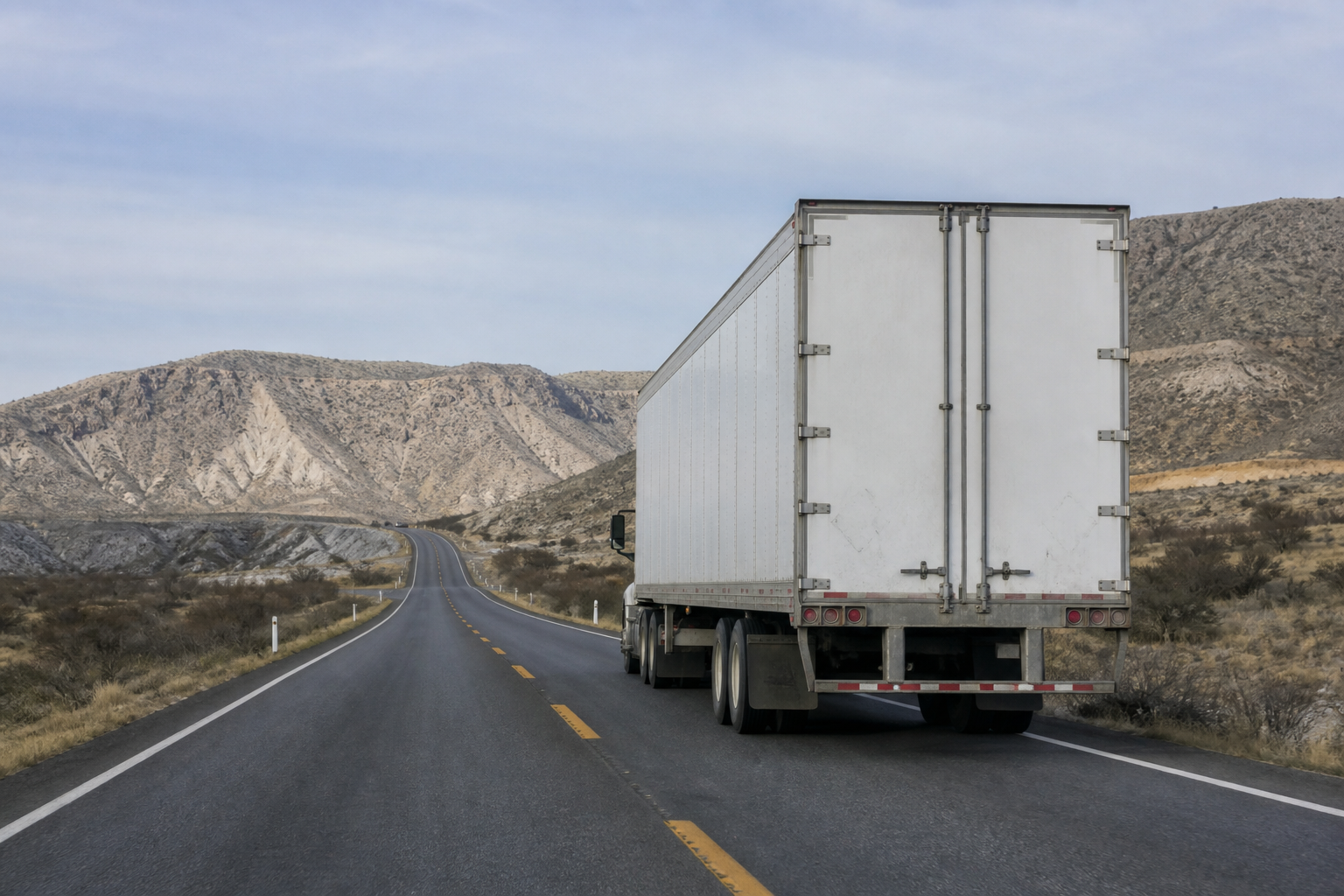 Tráiler en carretera de montaña, visto desde atrás en pleno viaje