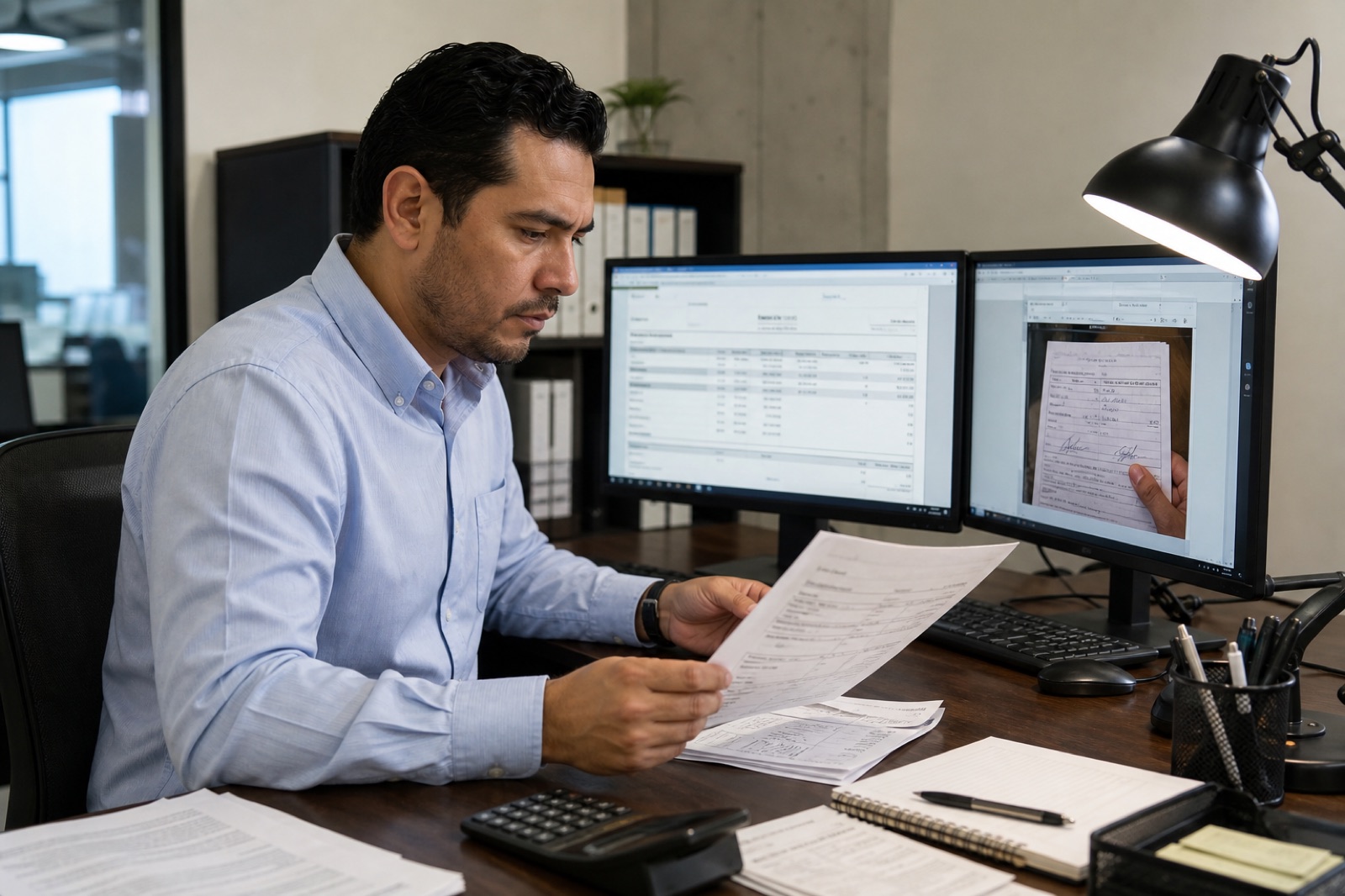 Analista de Finanzas confrontando papelería y pantallas en auditoría de fletes